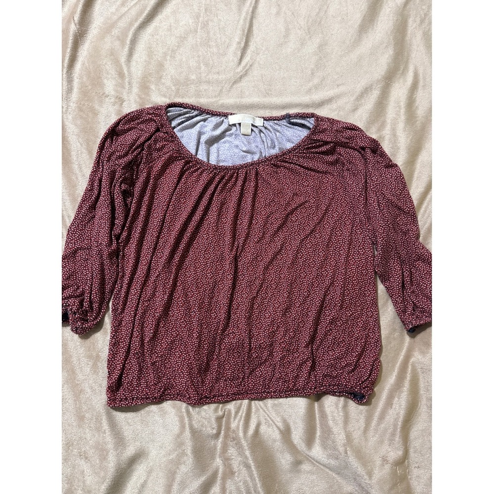 Michael Kors Womens Petite Medium PM Burgundy Red Micro Print Blouse‎ 3/4 Sleeve